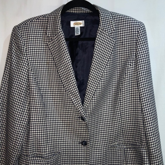 Vintage Talbots Silk Blend Houndstooth Blazer jacket Sz 14 navy blue & off white - Picture 2 of 8